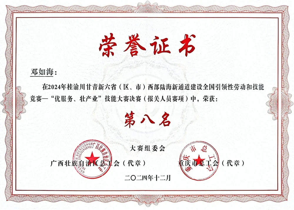 National Customs Declaration Skills Competition 8th Place Certificate